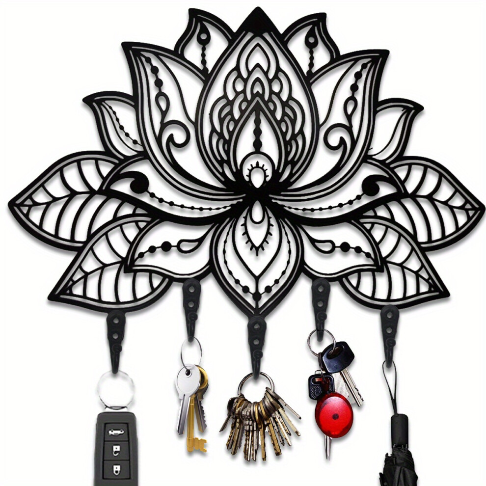 (Black) 1pc Flower Shape Wall Mounted Coat Rack Metal Wall Art