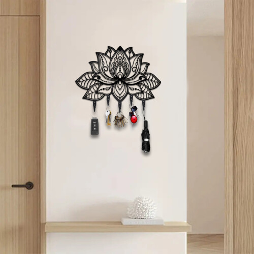 (Black) 1pc Flower Shape Wall Mounted Coat Rack Metal Wall Art 2