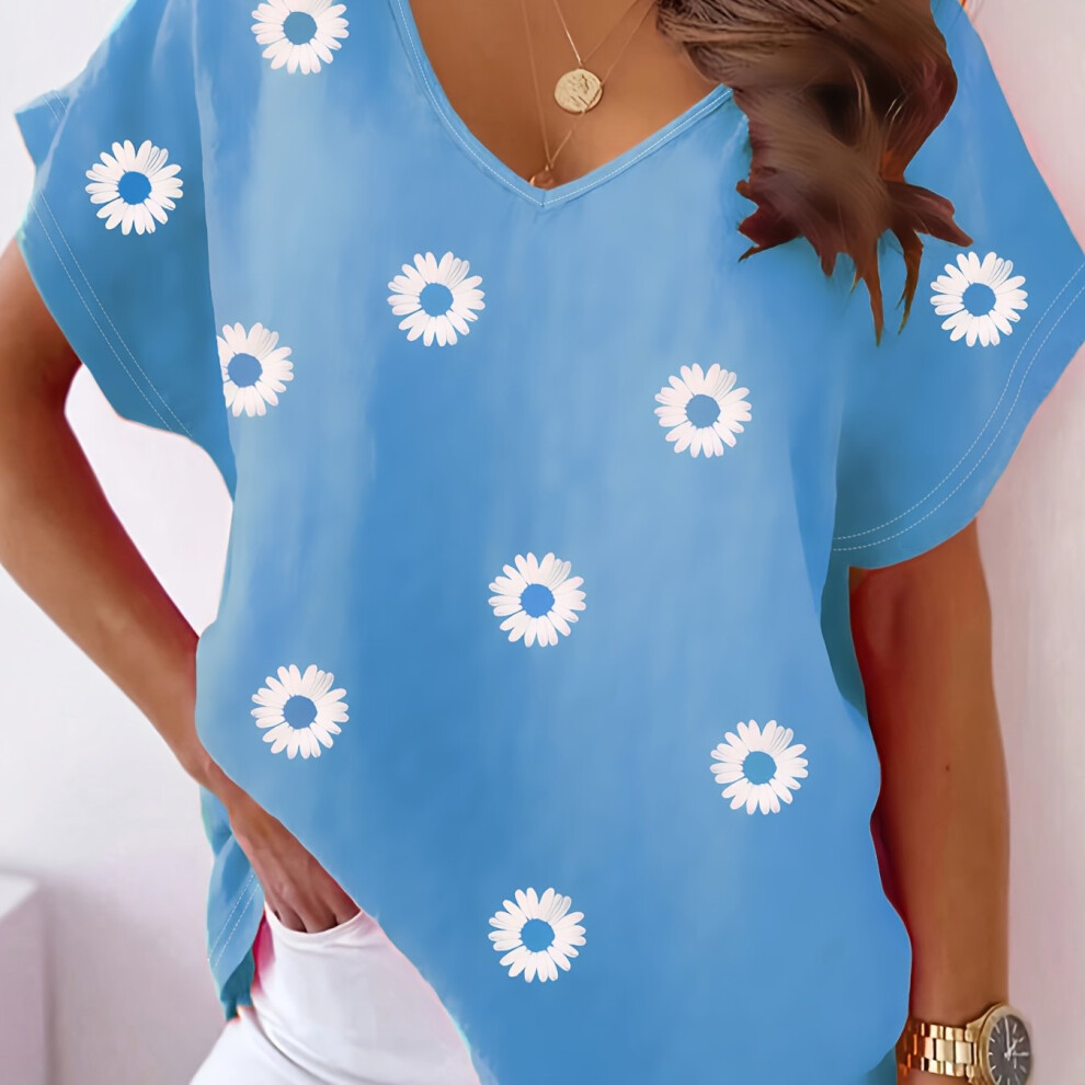 (Blue, 2XL(20)) Plus Size Floral Print Top, Casual V Neck Short Sleeve Top