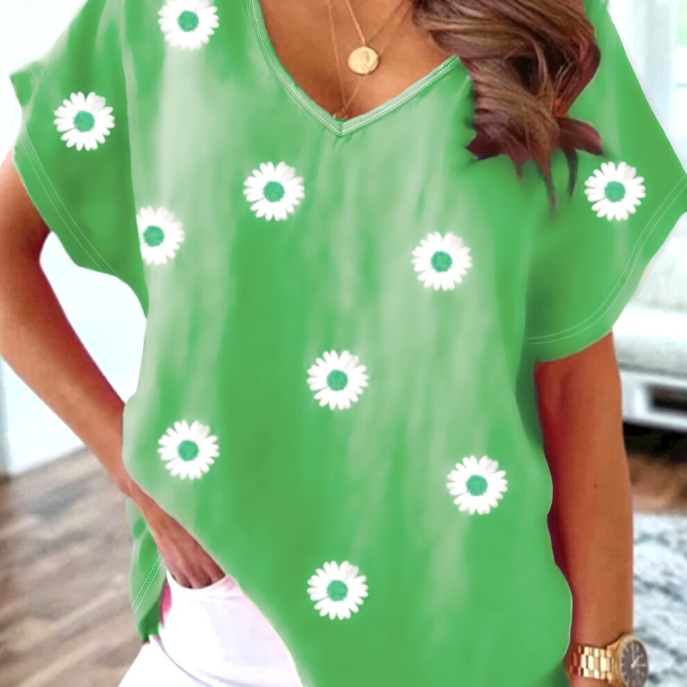 (Green, 2XL(20)) Plus Size Floral Print Top, Casual V Neck Short Sleeve Top