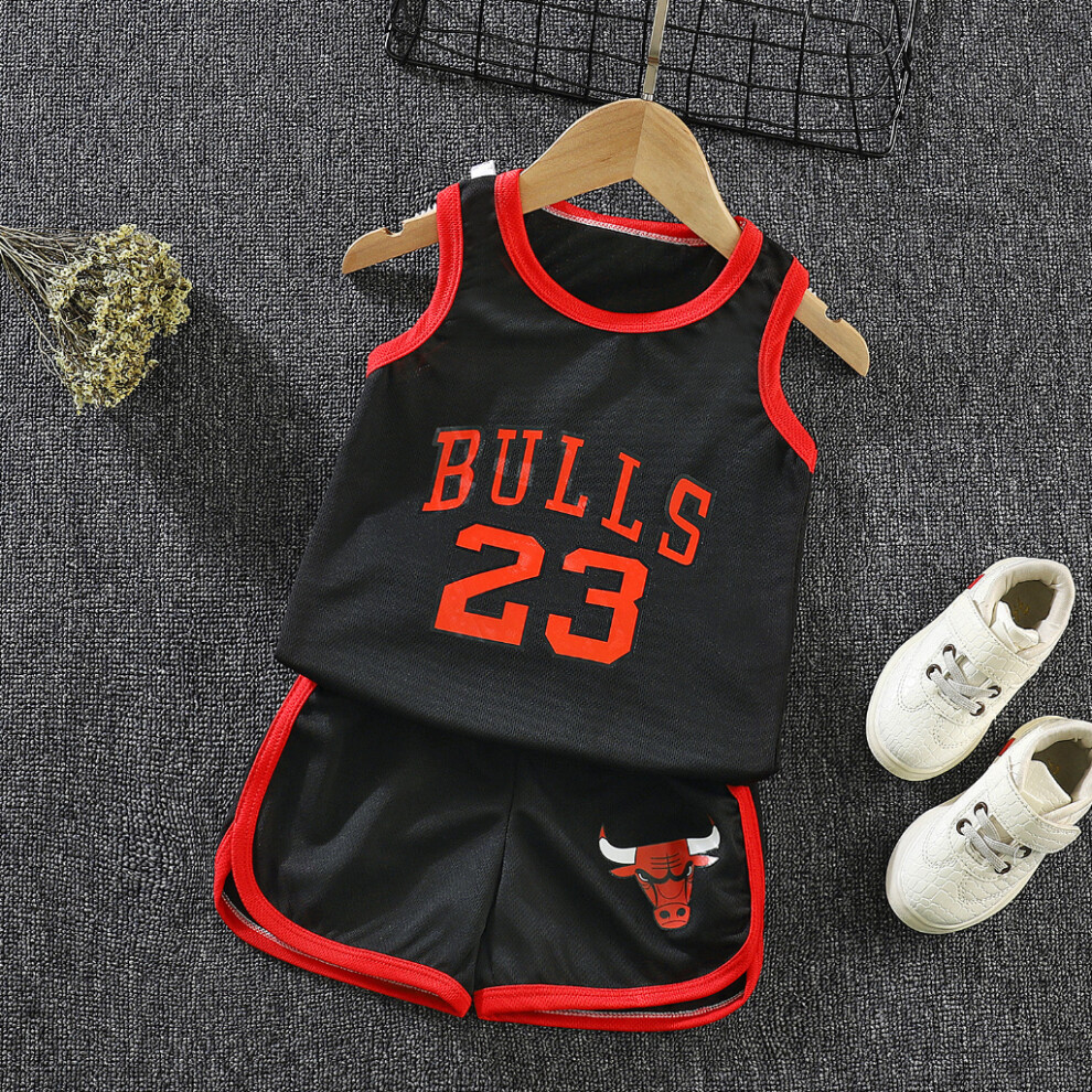 (Black Bulls, 100cm (2-3 yrs)) (1-8yrs) Sport Singlet Set Basketball 2pcs Kids Sleeveless Basketball Vest Set