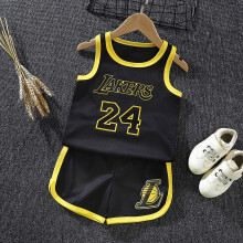 (Black Lakers, 130cm (5-6 yrs)) (1-8yrs) Sport Singlet Set Basketball 2pcs Kids Sleeveless Basketball Vest Set