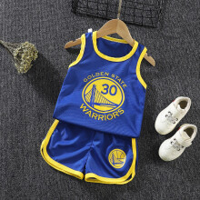 (Blue Golden State, 100cm (2-3 yrs)) (1-8yrs) Sport Singlet Set Basketball 2pcs Kids Sleeveless Basketball Vest Set