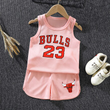 (Pink Bulls, 110cm (3-4yrs)) (1-8yrs) Sport Singlet Set Basketball 2pcs Kids Sleeveless Basketball Vest Set