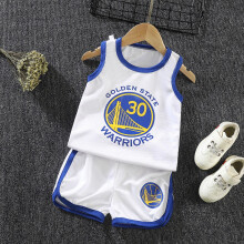 (White Golden State, 140cm (6-7 yrs)) (1-8yrs) Sport Singlet Set Basketball 2pcs Kids Sleeveless Basketball Vest Set