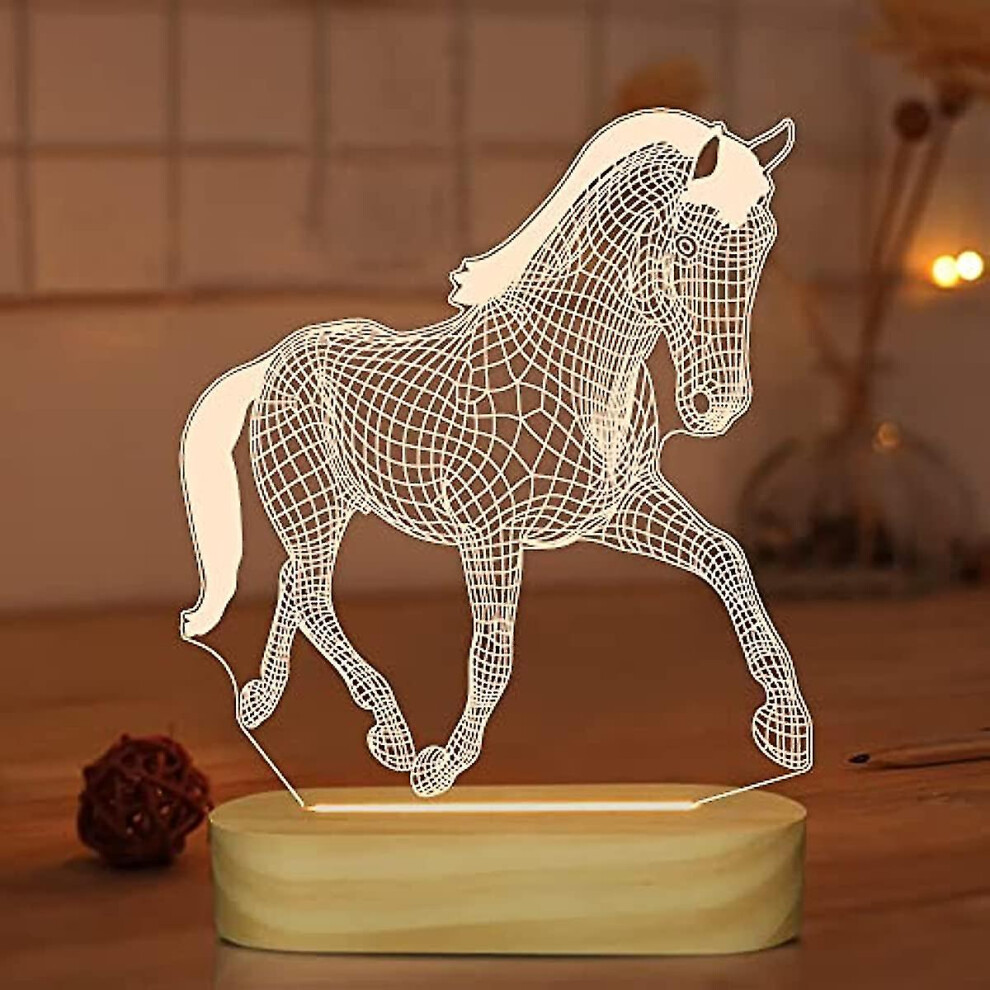 Lightzz Horse Gifts For Girls Women 3d Illusion Lamp Horse Night Light With Soft Warm White Colors For Kids Boys Room Decor Led Wooden Base Desk Table