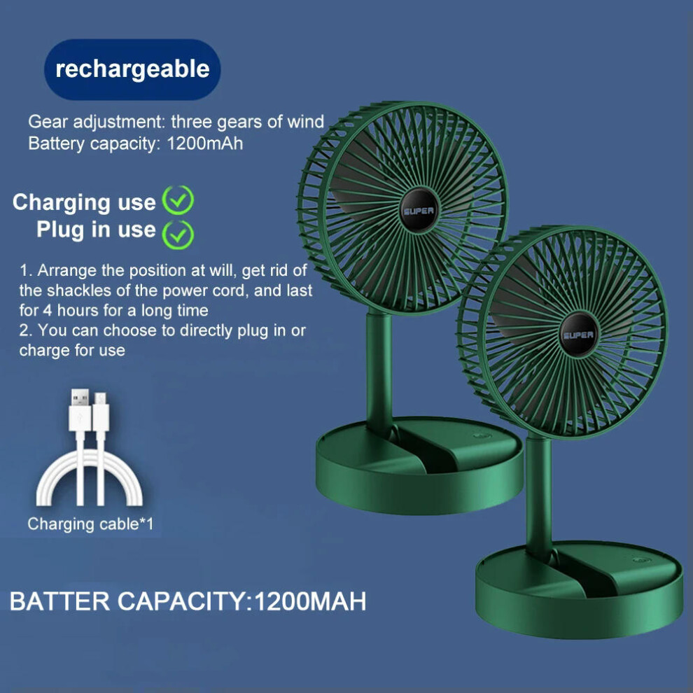 (Green Charging 2pc) Desktop Foldable Retractable Small Fan Mini Portable Charging USB Home Low Noise High Duration Standby Mini Electric Fan