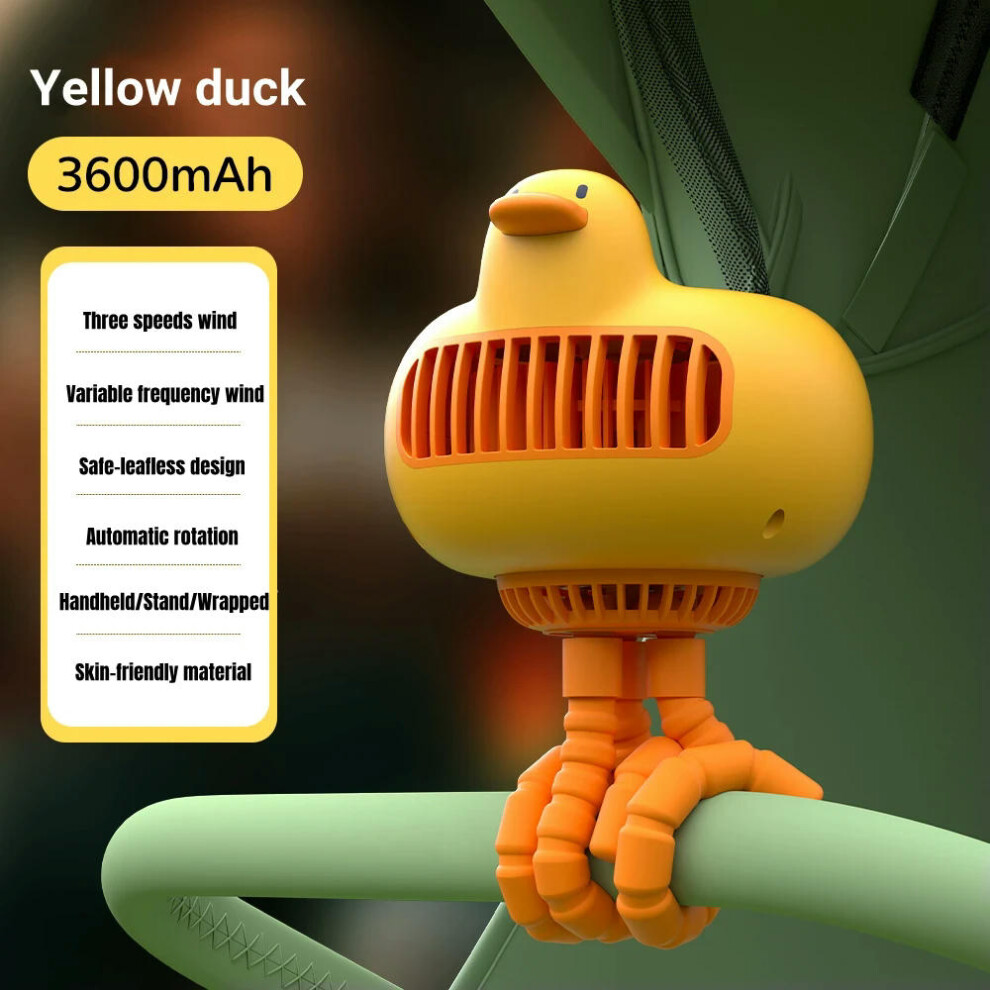 (Yellow 3600mAh) Mini Portable Baby Stroller Fan Duck Shape Stand Adjustable Handheld USB Charg Air Cooler Student Outdoor Travel 3600mAh Battery