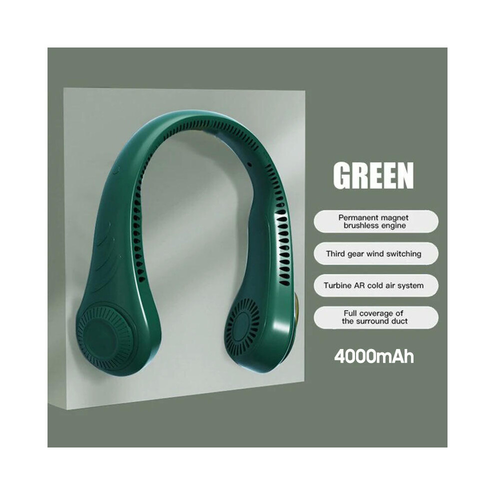 (Green use 6 hours) Hanging Neck Fan Portable Cooler Fan USB Leafless 4000Mah Rechargeable mini fan 360 Degree Neckband Fan 78 Surround Air Outlets