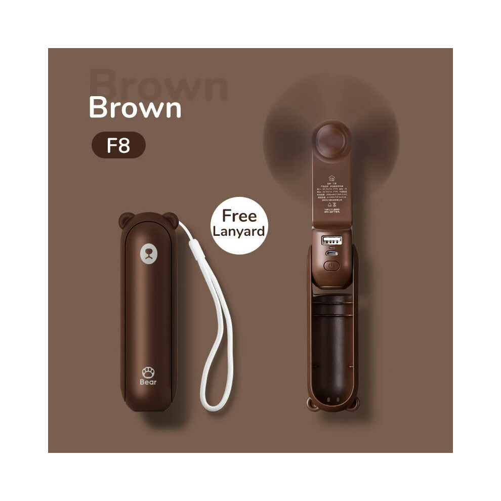 (2000mAh brown F8) JISULIFE Portable Fan Mini Handheld Fan USB 4500mAh Recharge Hand Held Small Pocket Fan with Power Bank Flashlight Feature