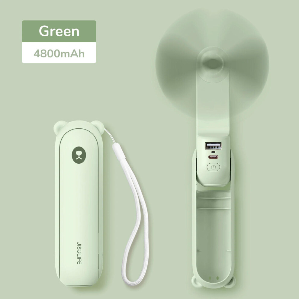 (4500mAh green F8X) JISULIFE Portable Fan Mini Handheld Fan USB 4500mAh Recharge Hand Held Small Pocket Fan with Power Bank Flashlight Feature