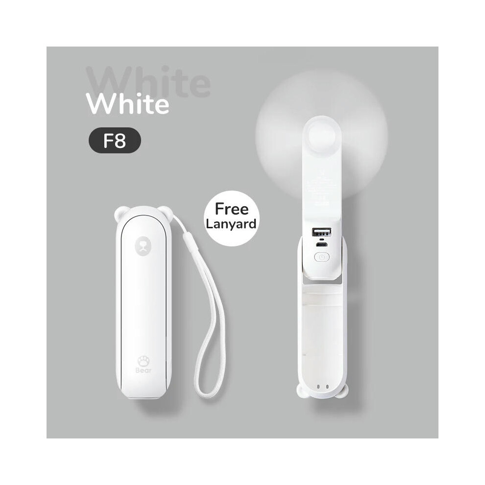 (2000mAh white F8) JISULIFE Portable Fan Mini Handheld Fan USB 4500mAh Recharge Hand Held Small Pocket Fan with Power Bank Flashlight Feature