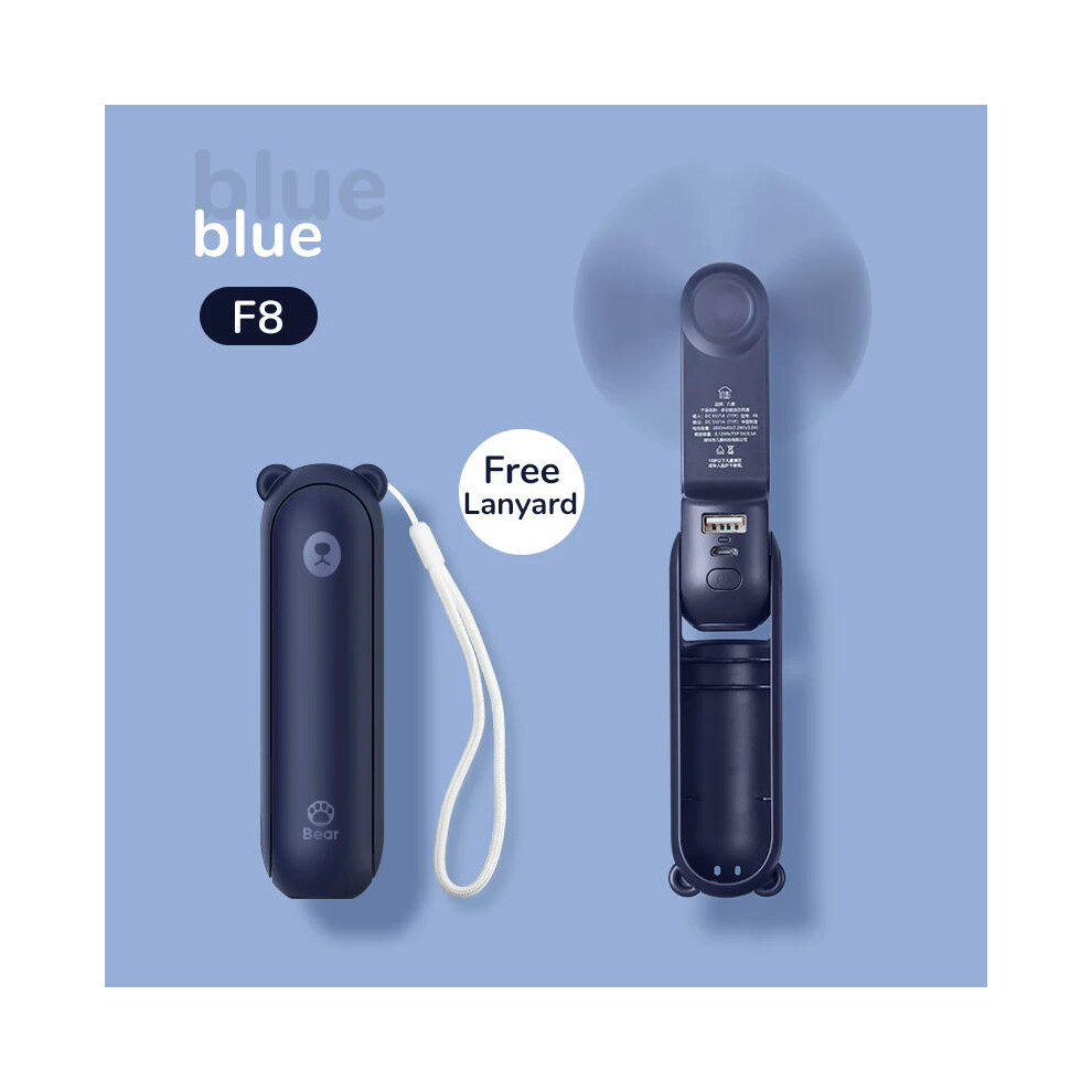 (2000mAh blue F8) JISULIFE Portable Fan Mini Handheld Fan USB 4500mAh Recharge Hand Held Small Pocket Fan with Power Bank Flashlight Feature