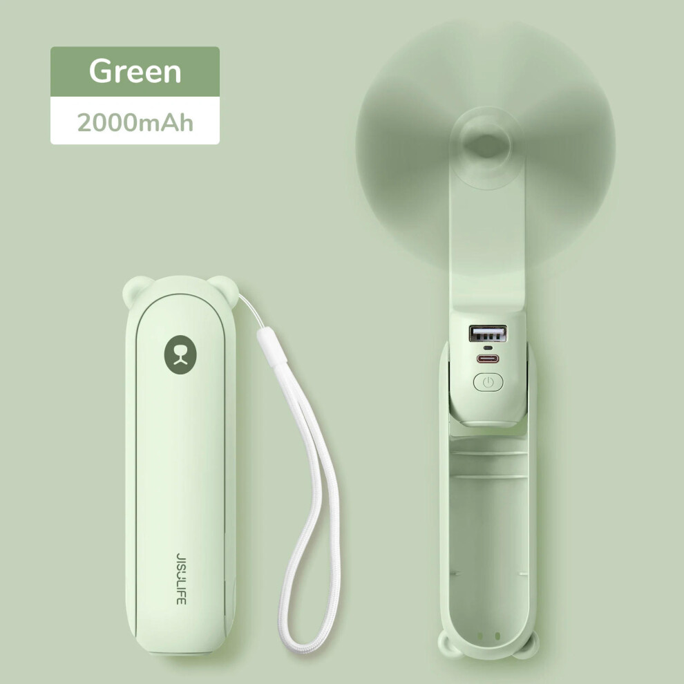 (2000mAh green F8) JISULIFE Portable Fan Mini Handheld Fan USB 4500mAh Recharge Hand Held Small Pocket Fan with Power Bank Flashlight Feature