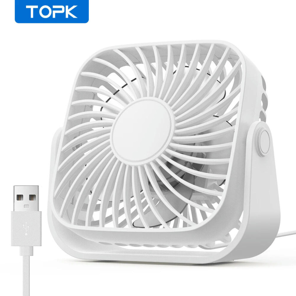 (White) TOPK 4Inch USB Mini Portable Fan for Camping,3 Speeds Quiet Desk Table Personal Fan,360Adjustment Standing fans for room Home