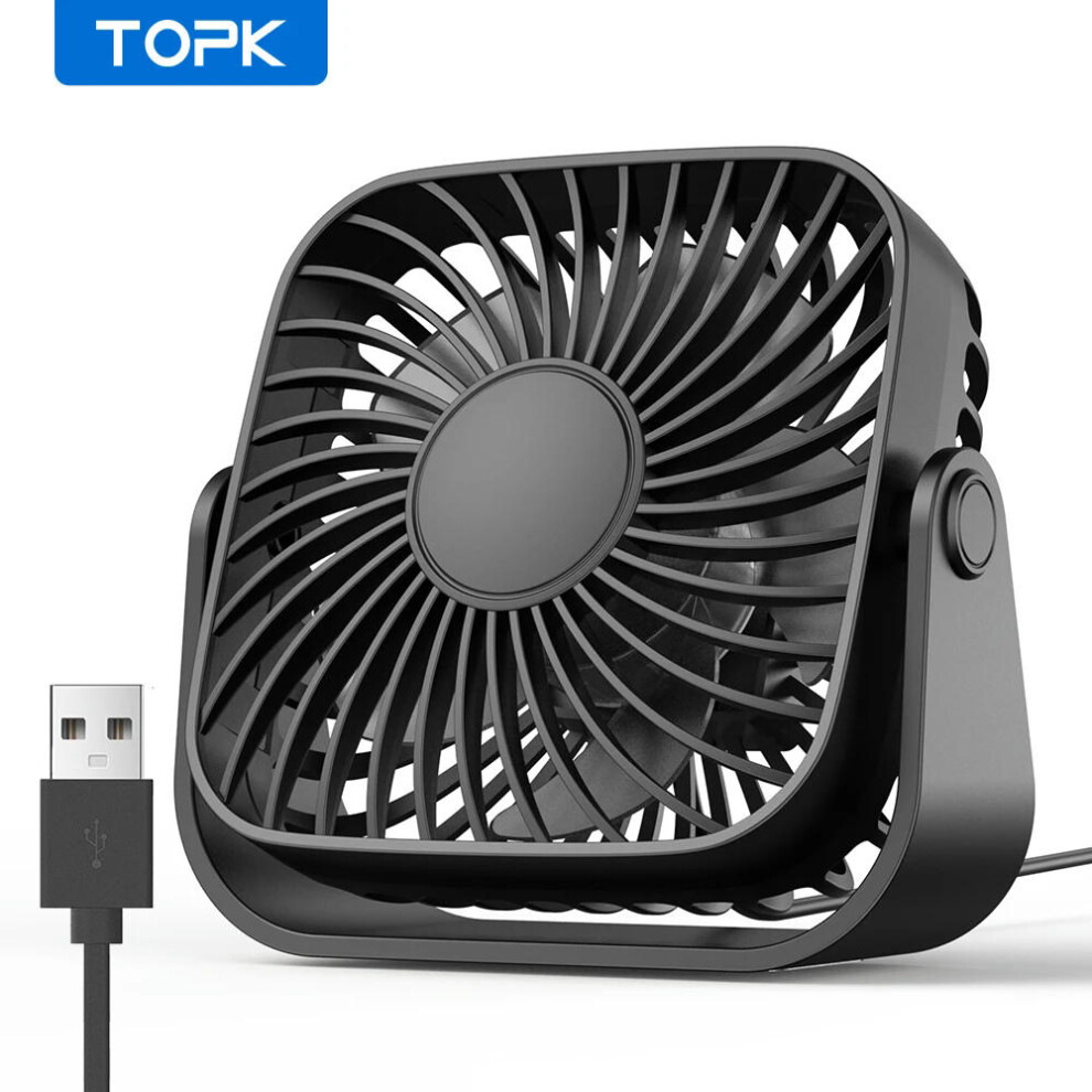 (Black) TOPK 4Inch USB Mini Portable Fan for Camping,3 Speeds Quiet Desk Table Personal Fan,360Adjustment Standing fans for room Home