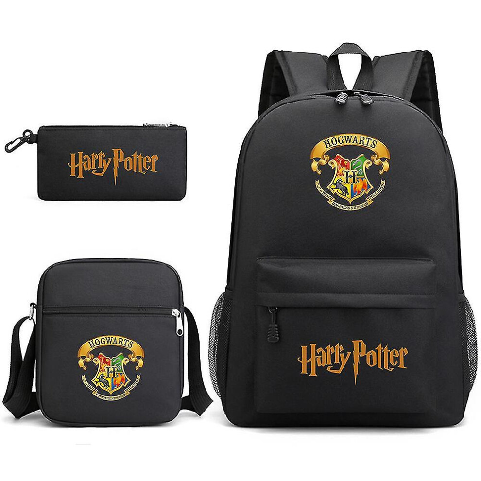 (black) Children's Harry Potter Three-piece School Bag Printed Large Capacity Outdoor Backpack#1