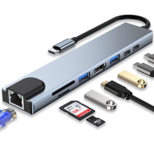 Adaptér USB C 8 v 1 so 4K HDMI Type-C 100 W PD port USB-C USB 3.0 Ethernet Rj45 Dokovacia stanica čítačky kariet SD/TF sivá