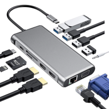 Rozbočovač USB C 12 v 1 s viacerými portami na duálny adaptér HDMI I a VGA SD/TF 4 porty USB Duálna dokovacia stanica HDMI pre Macbook