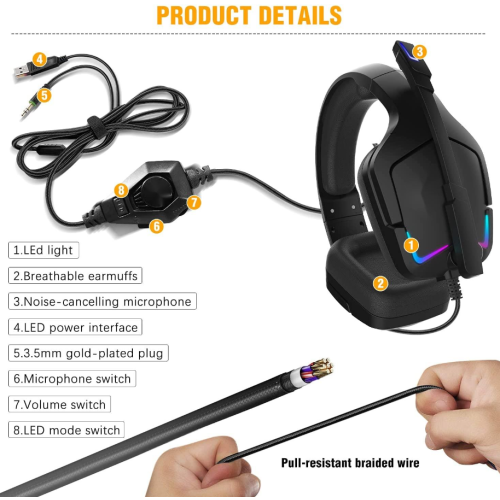 Casque de jeu avec lumière LED et micro 1