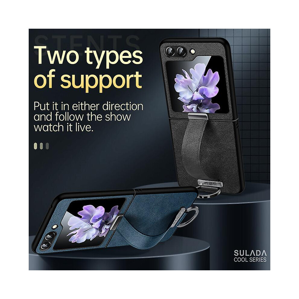 (Blue) Z Flip 5 Case,slim Pu Leather Ring Stand Case For Samsung Galaxy Z Flip 5 With Hand Strap Holder