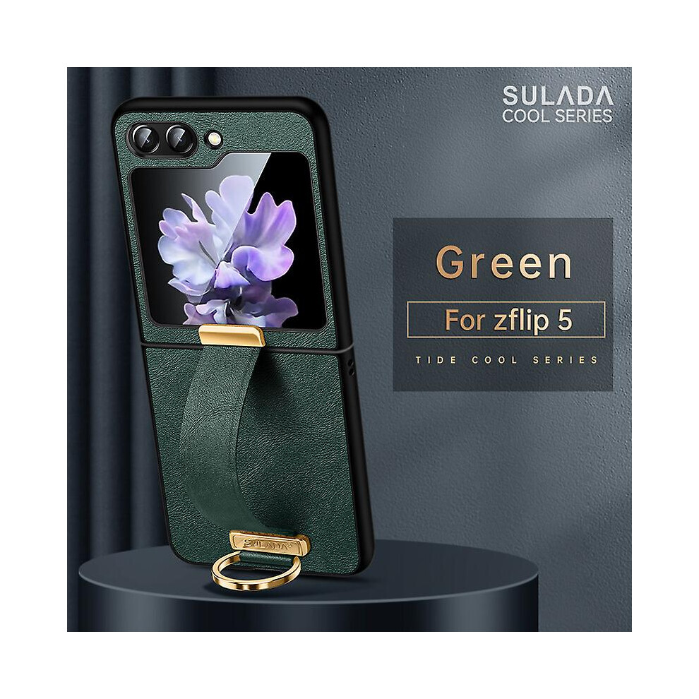 (Green) Z Flip 5 Case,Slim Pu Leather Ring Stand Case For Samsung Galaxy Z Flip 5 With Hand Strap Holder Green 7669443141911