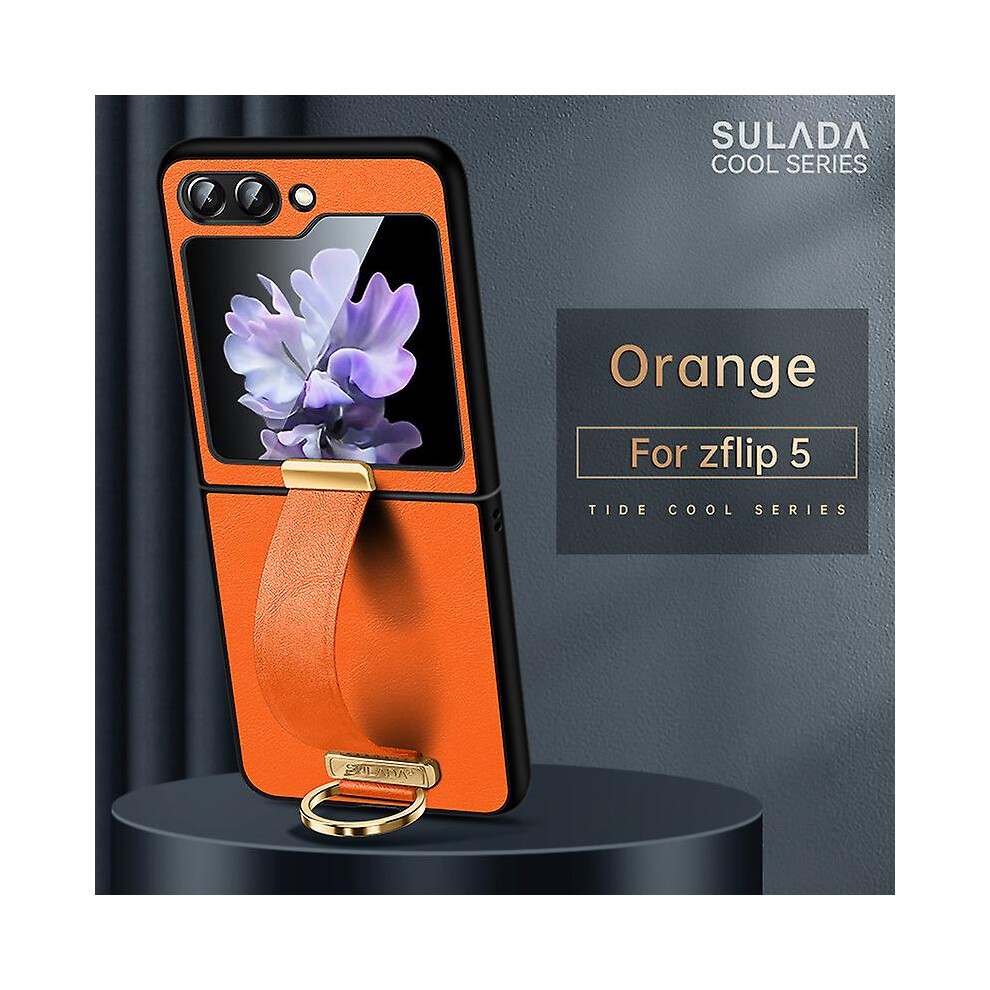 (Orange) Z Flip 5 Case,Slim Pu Leather Ring Stand Case For Samsung Galaxy Z Flip 5 With Hand Strap Holder Orange 7669443141959