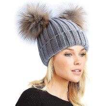 Womens Winter Double Pom Pom Beanie Fleece Lined Bobble Hat Knitted Faux Fur Pom
