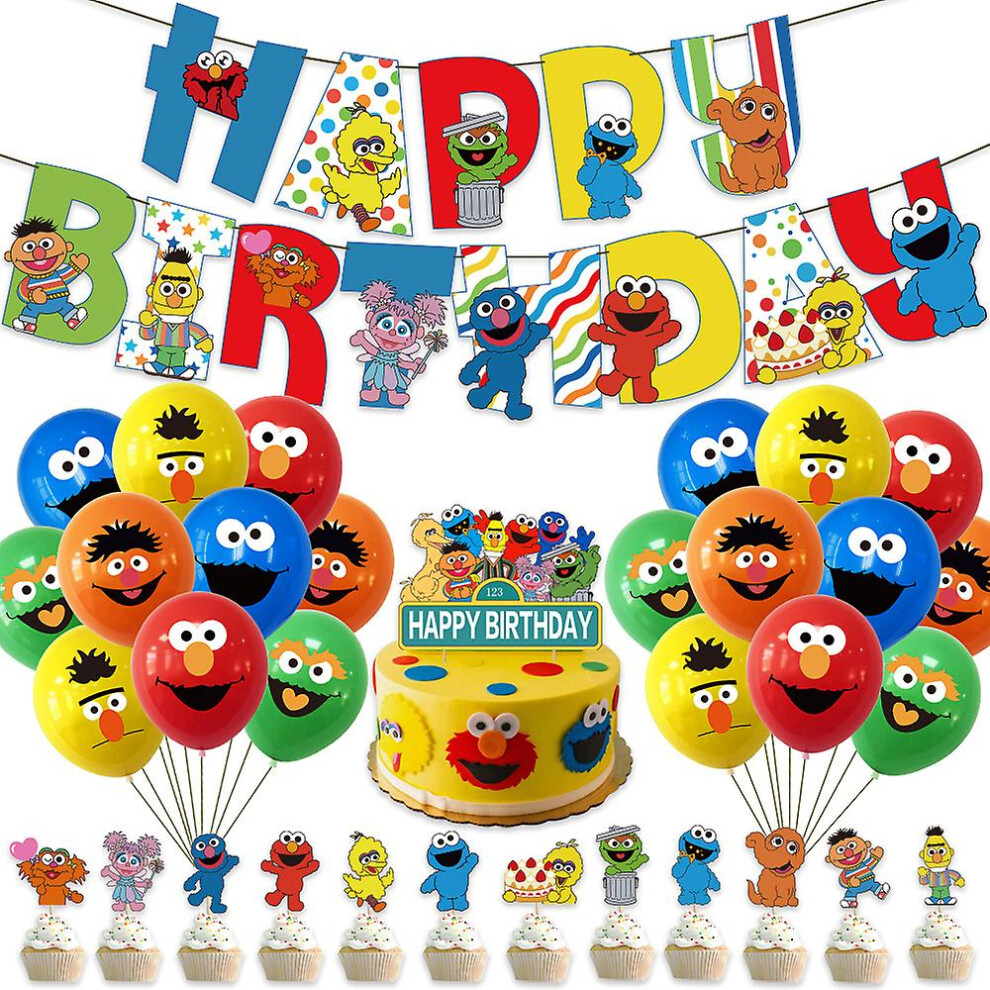 Sesame Street Themed Birthday Party Supplies Set Balloons Banner Cake Toppers Decors Kit For Kids Girls Boys