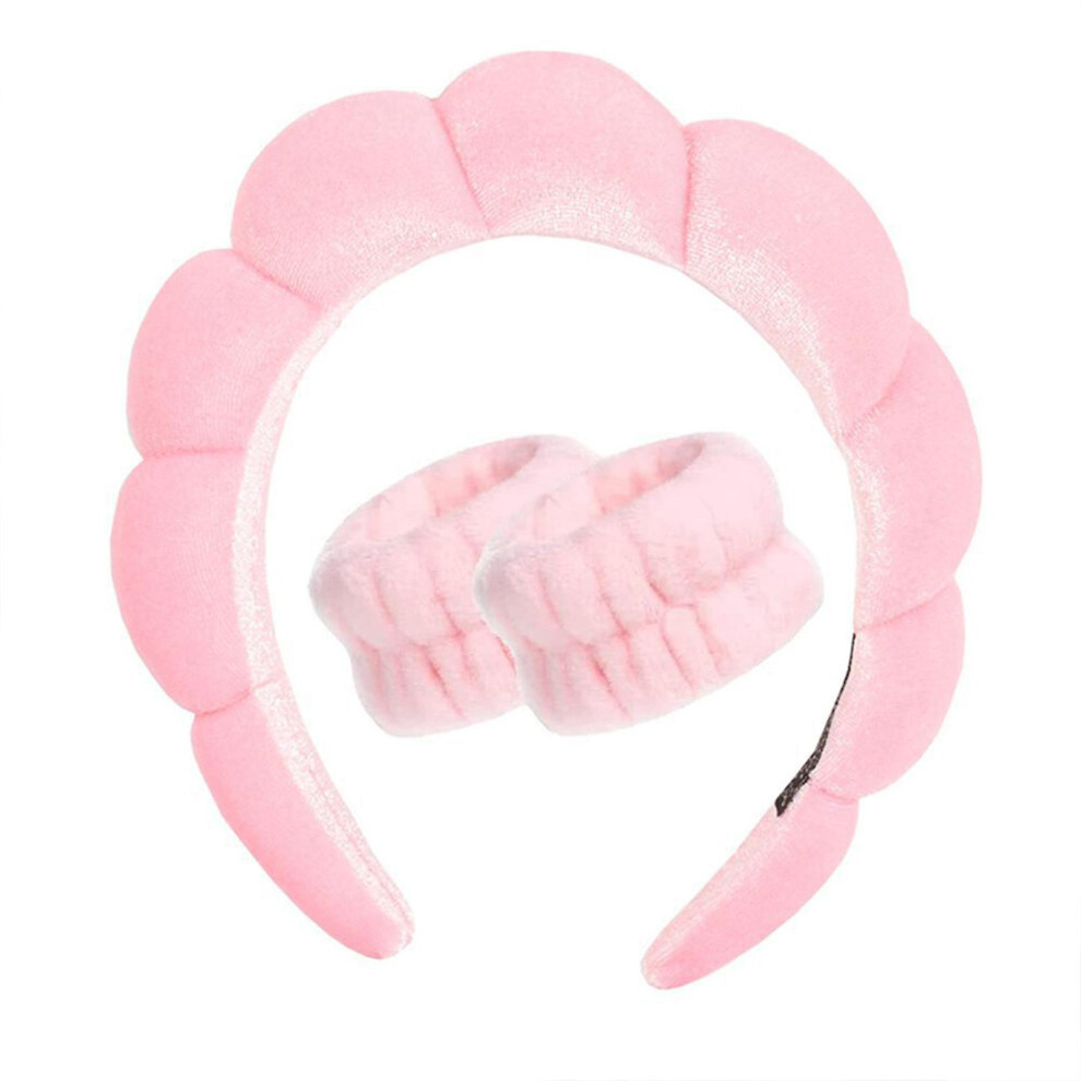 (Pink) Spa Headband And Wristband Scrunchies Skincare Headbands For Women Makeup, Terry Cloth Towel Head Band For Skin Care Washing Face Shower Pink