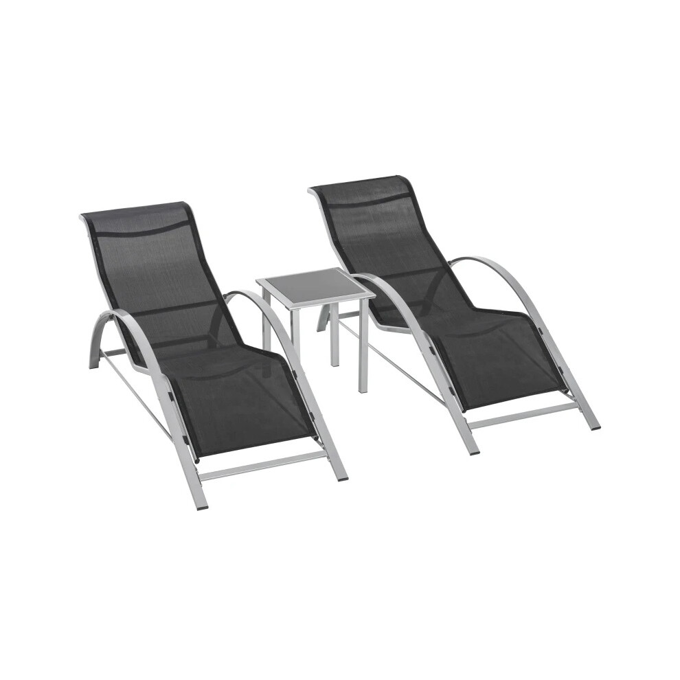 Patio Outdoor 3Pcs Recliner Sun Lounger Beach Chair Glass Table Set