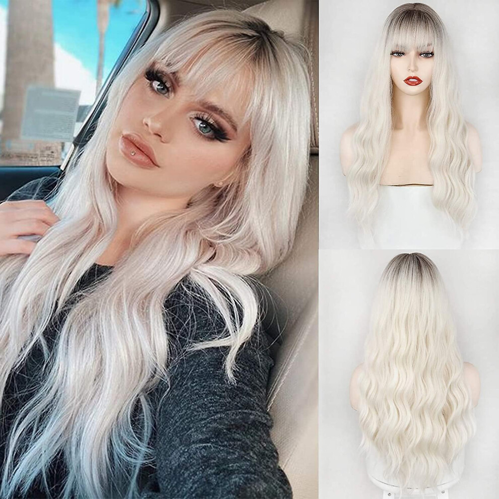 Unisex Silver Platinum Blonde Wig With Bangs,Synthetic Long Platinum Wig Dark Roots 24 Inch(Platinum Blonde)