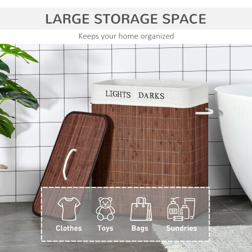 Homcom HOMCOM 2 Section Collapsible Laundry Hamper Lid Removable Lining, Brown 2