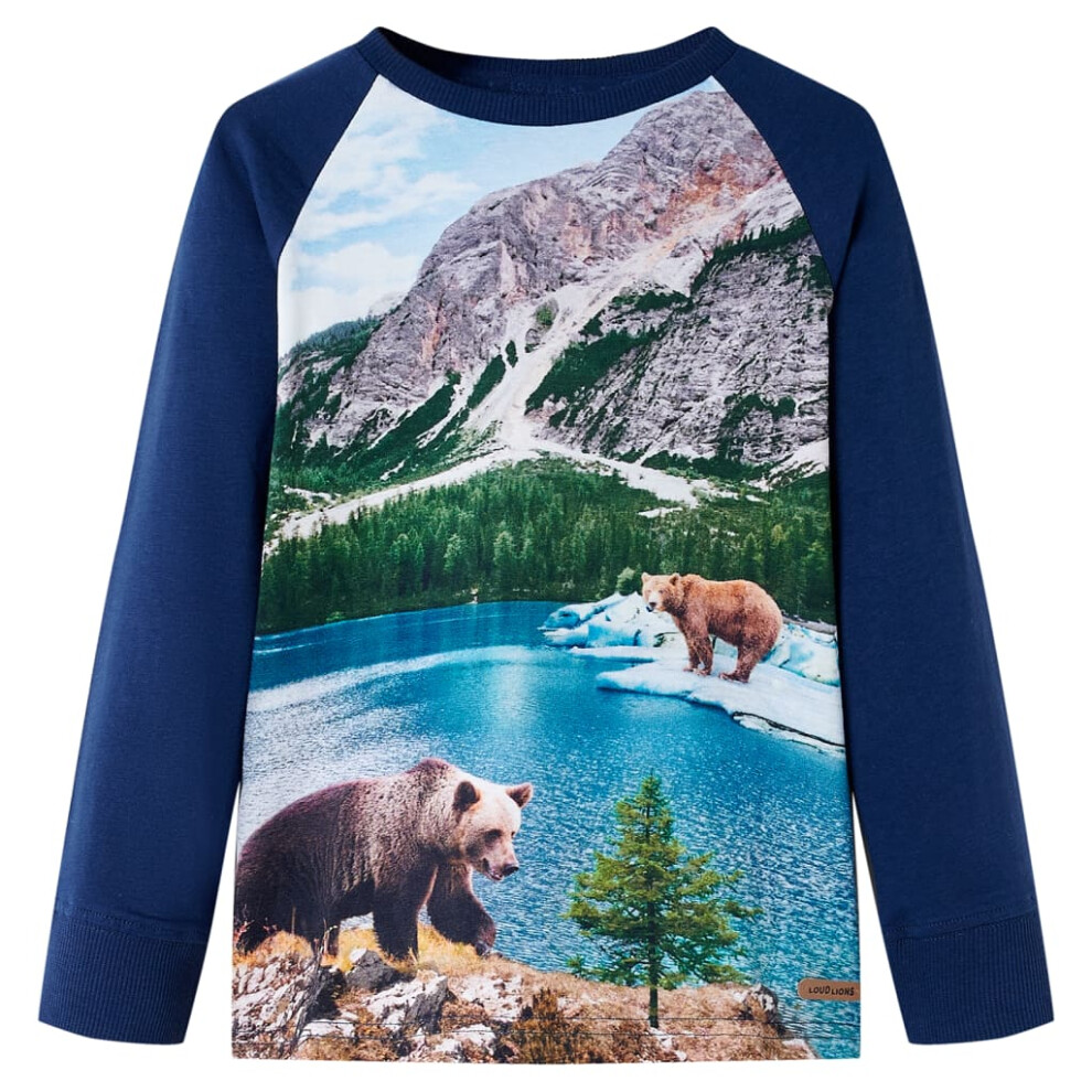 (92 (1.5-2y)) Kids' T-shirt with Long Sleeves Children's T Shirt Bear and Scenery Print Navy