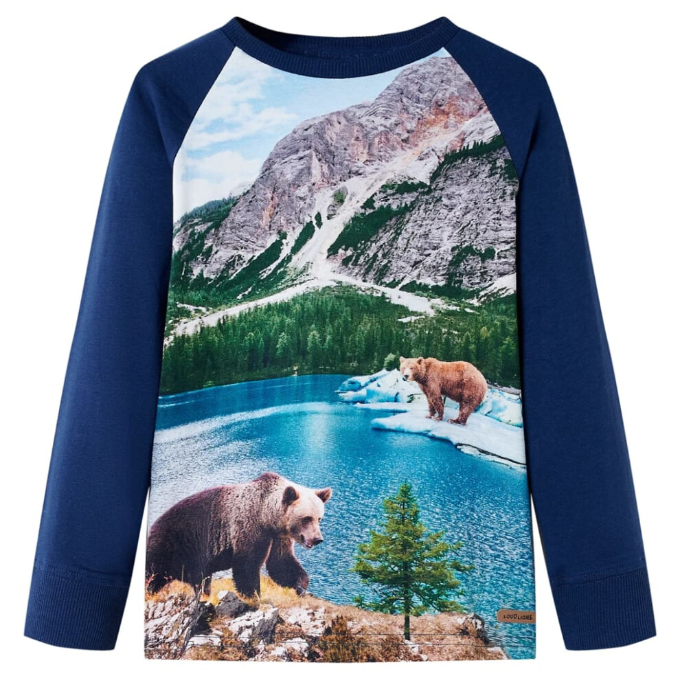 (104 (3-4y)) Kids' T-shirt with Long Sleeves Children's T Shirt Bear and Scenery Print Navy