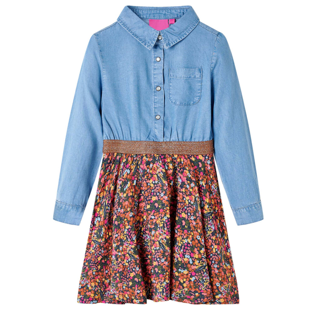 (140 (9-10y)) Kids' Dress with Long Sleeves Children Kids Girl's Dress Navy and Denim Blue