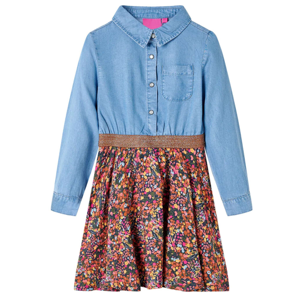 (104 (3-4y)) Kids' Dress with Long Sleeves Children Kids Girl's Dress Navy and Denim Blue