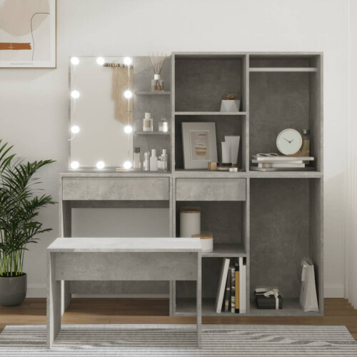 VidaXL vidaXL Dressing Table Set with LED Concrete Grey Engineered Wood Vanity Desk 2