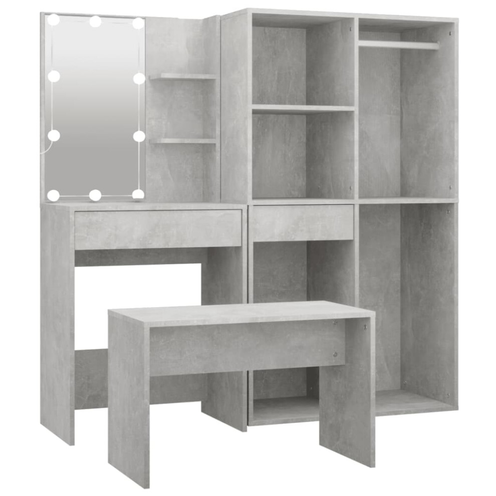 vidaXL Dressing Table Set with LED Concrete Grey Engineered Wood Vanity Desk