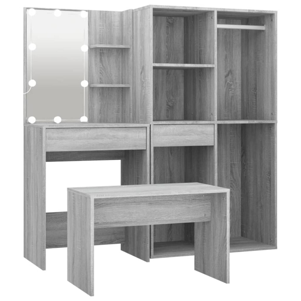 vidaXL Dressing Table Set with LED Grey Sonoma Engineered Wood Cosmetic Table