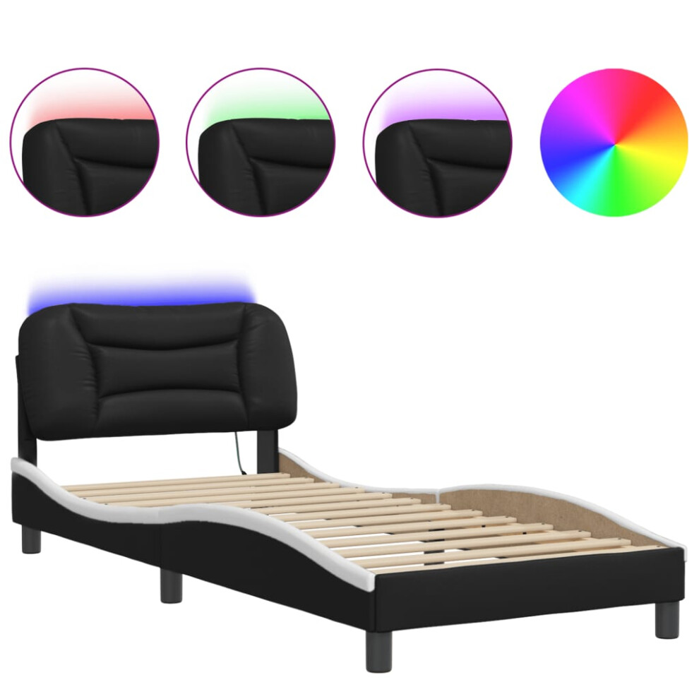 vidaXL Bed Frame with LED Lights Black and White 90x190 cm Single Faux Leather