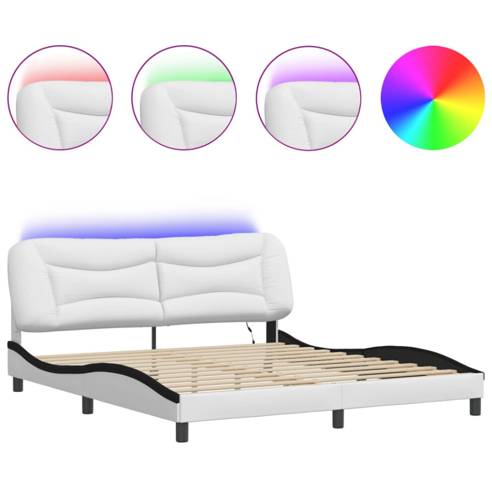 vidaXL Bed Frame with LED Lights Bed White and Black Super King Faux Leather