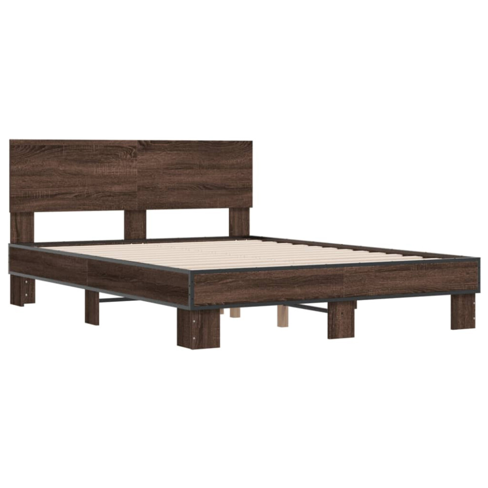 vidaXL Bed Frame Bed Brown Oak 135x190 cm Double Engineered Wood and Metal