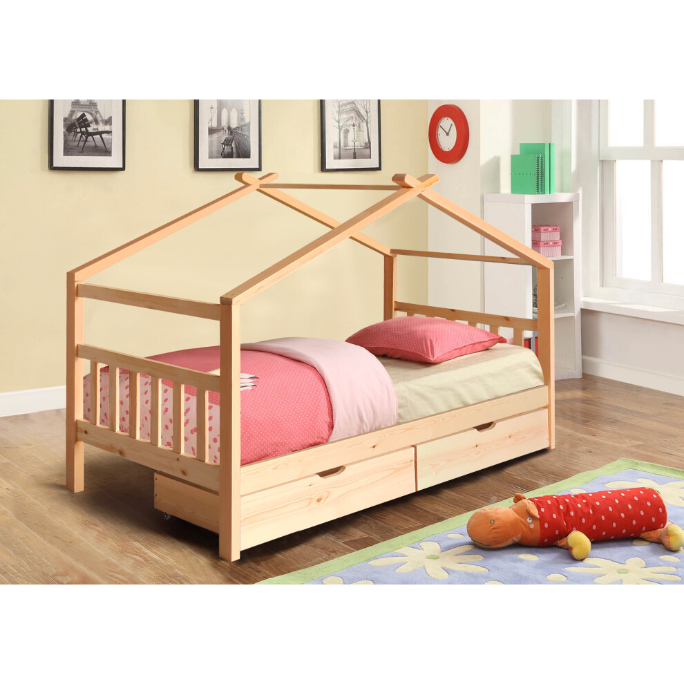 (No Mattress, No Tent) 3ft Natural Wooden Storage House Bed With Tent and Mattress Options