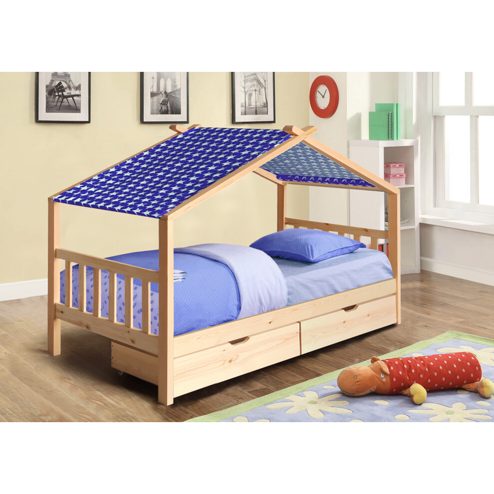 (No Mattress, With Blue Tent) 3ft Natural Wooden Storage House Bed With Tent and Mattress Options