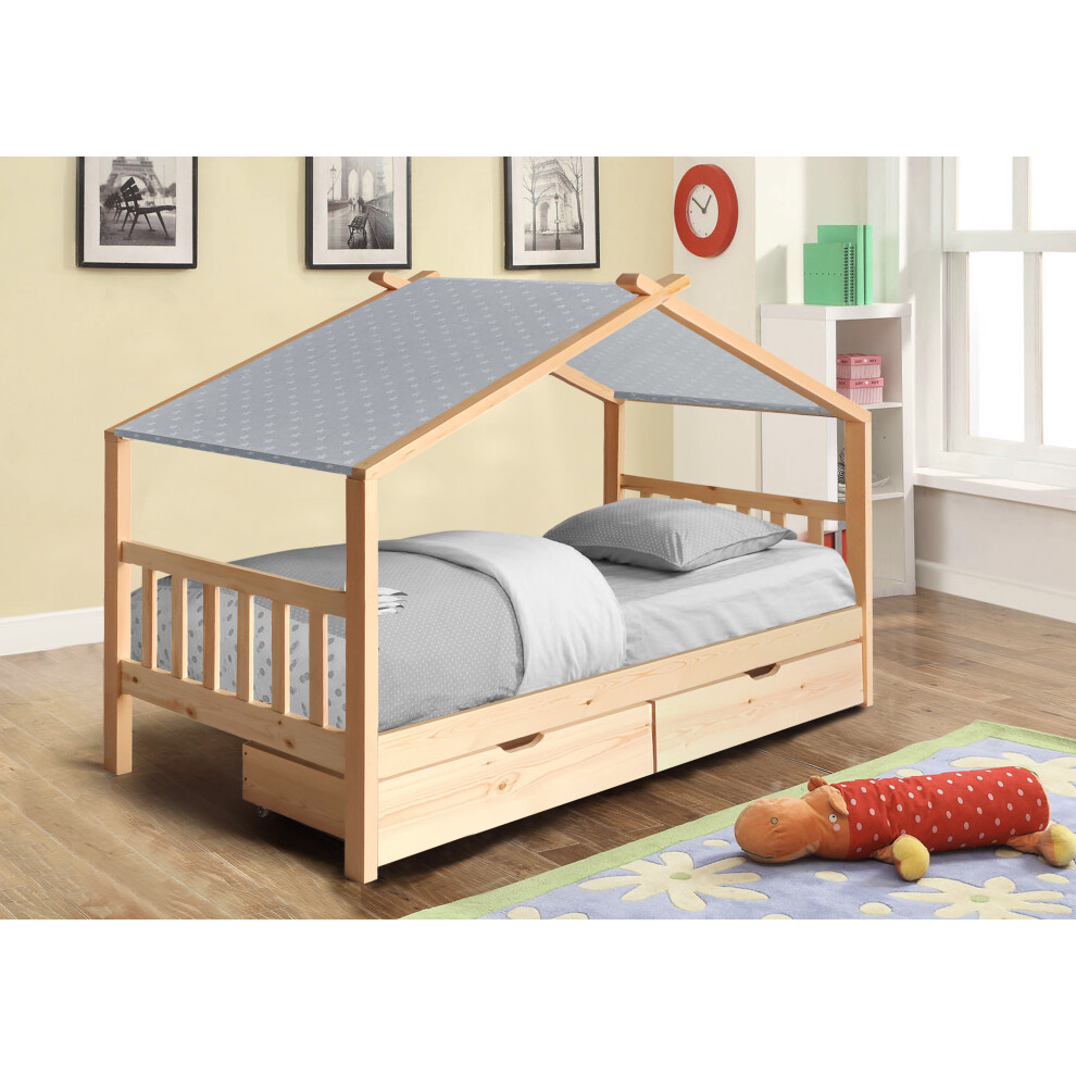 (No Mattress, With Grey Tent) 3ft Natural Wooden Storage House Bed With Tent and Mattress Options