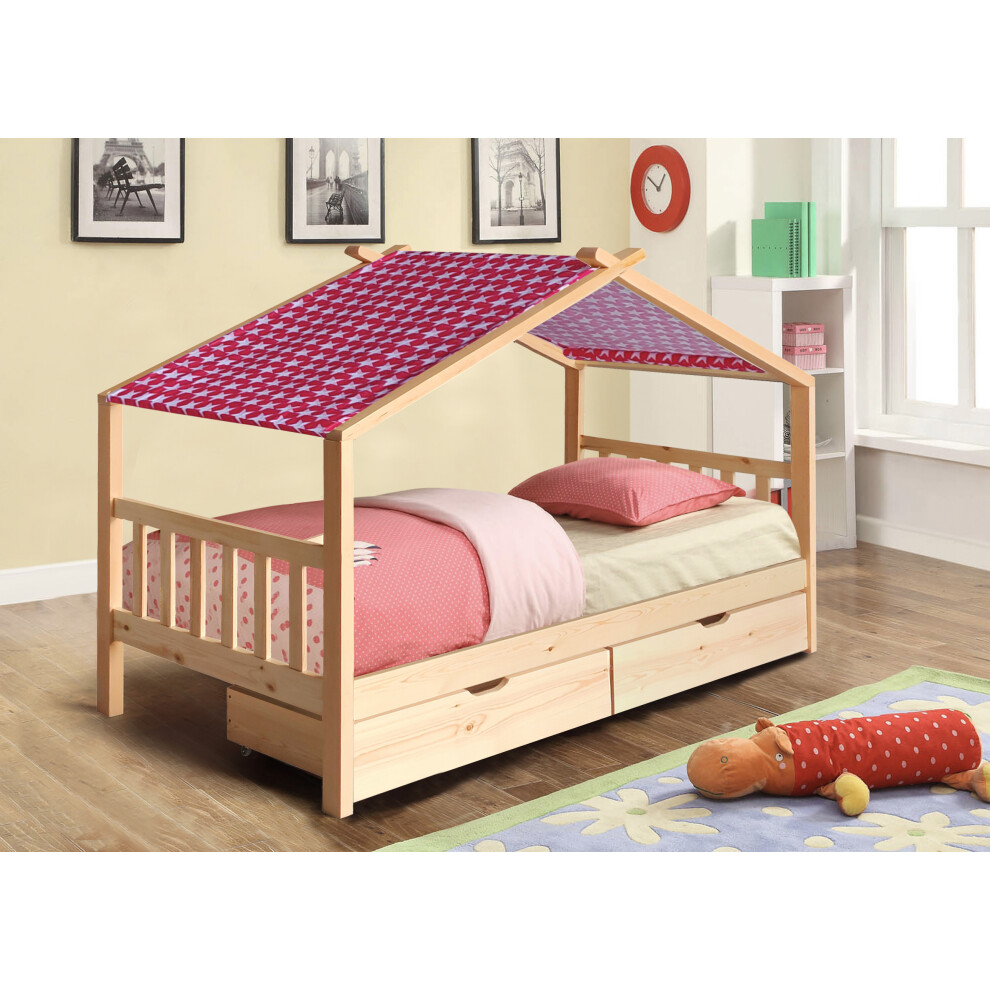 (With Tanya Mattress, With Pink Tent) 3ft Natural Wooden Storage House Bed With Tent and Mattress Options