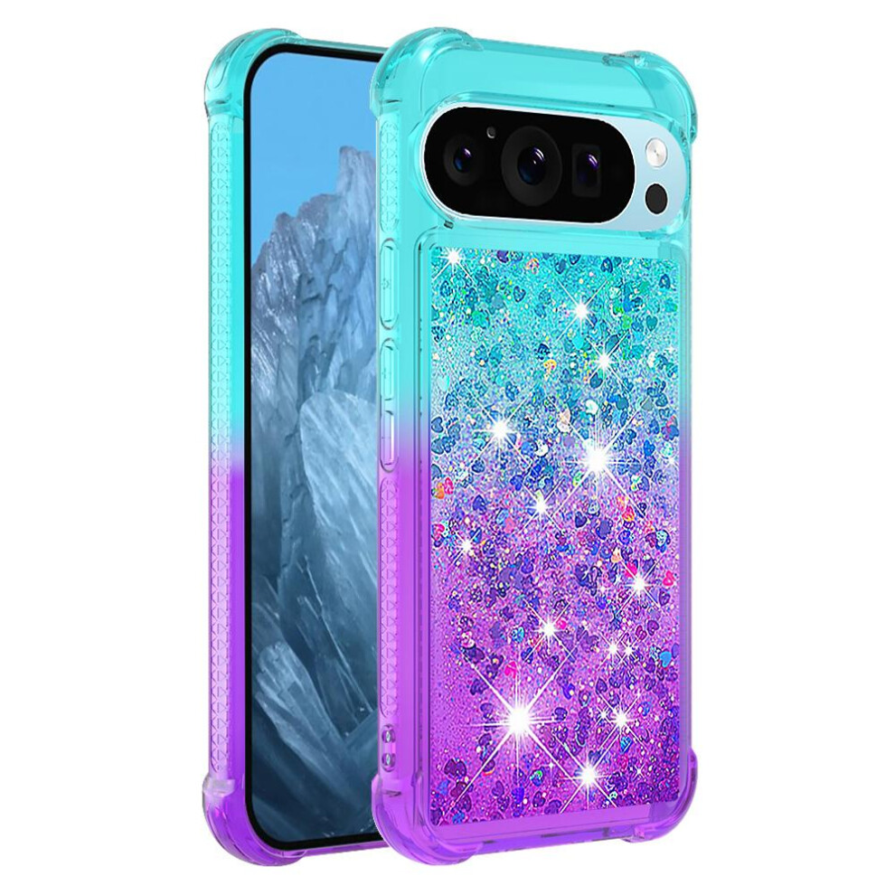 (Purplish ) Case For Google Pixel 9 5G Flowing Sparkle Moving Cover Clear Bumper Funny Bling Shiny Crystal Liquid Glitter Blue 764762706852