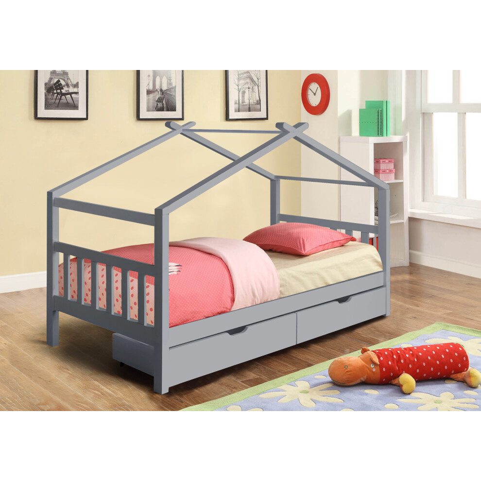 (No Mattress, No Tent) 3ft Grey Wooden Storage House Bed With Tent and Mattress Options