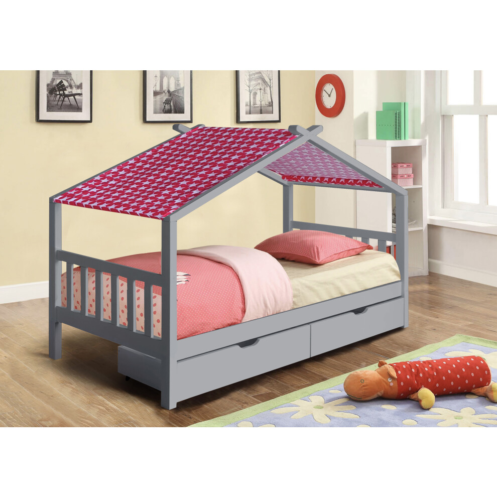 (No Mattress, With Pink Tent) 3ft Grey Wooden Storage House Bed With Tent and Mattress Options